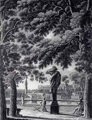 Le grand bassin du jardin sous le directoire (gravure de Troll).