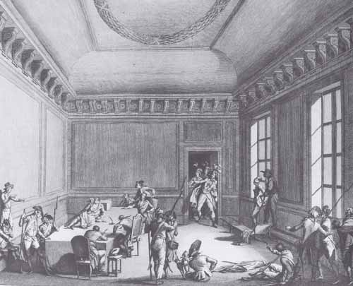 Robespierre blessé, dans l'hantichambre du Comité de statut public (dessin de Duplessis-Bertaux, gravé par Berthaut).